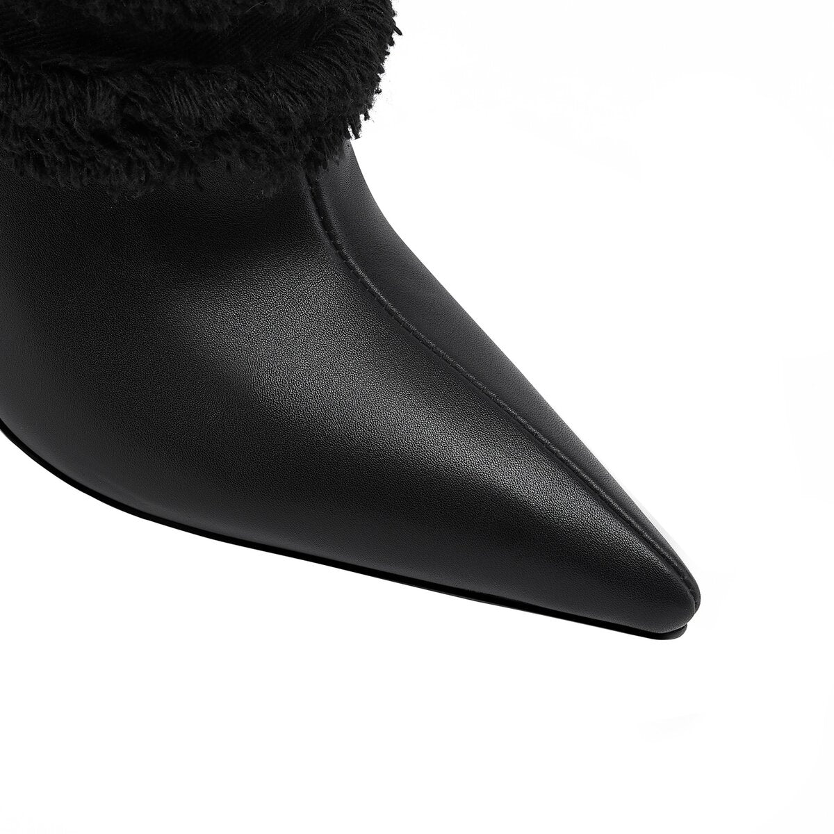 Layered Fringe Denim Leather Pointed Toe Mid Calf Boots
