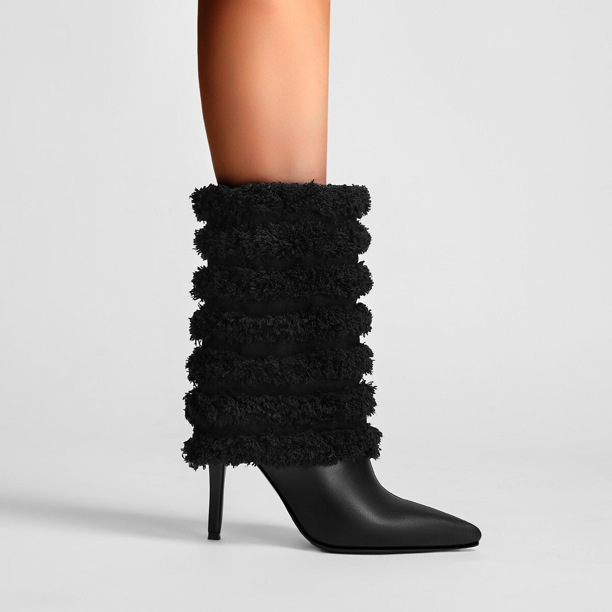 Layered Fringe Denim Leather Pointed Toe Mid Calf Boots