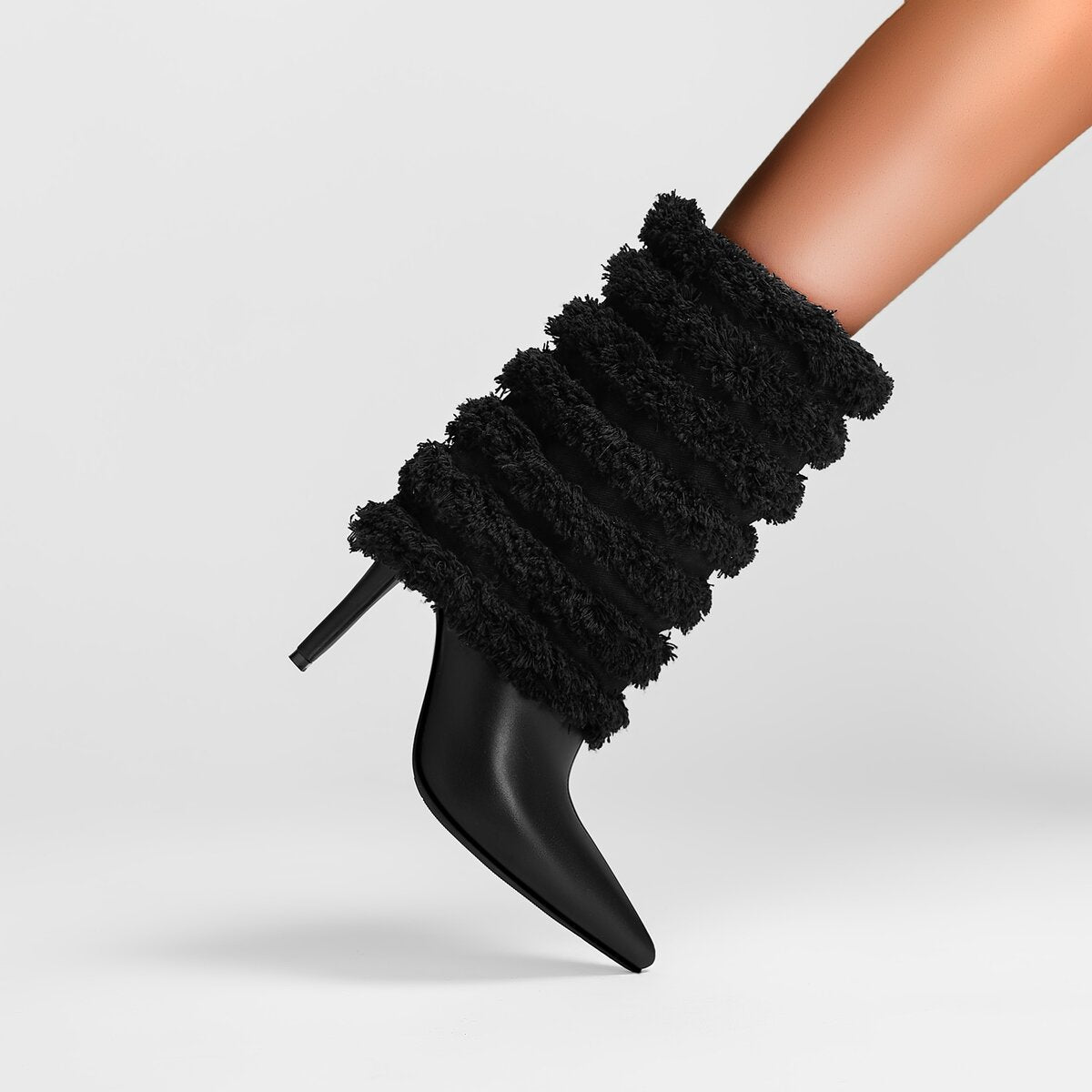 Layered Fringe Denim Leather Pointed Toe Mid Calf Boots