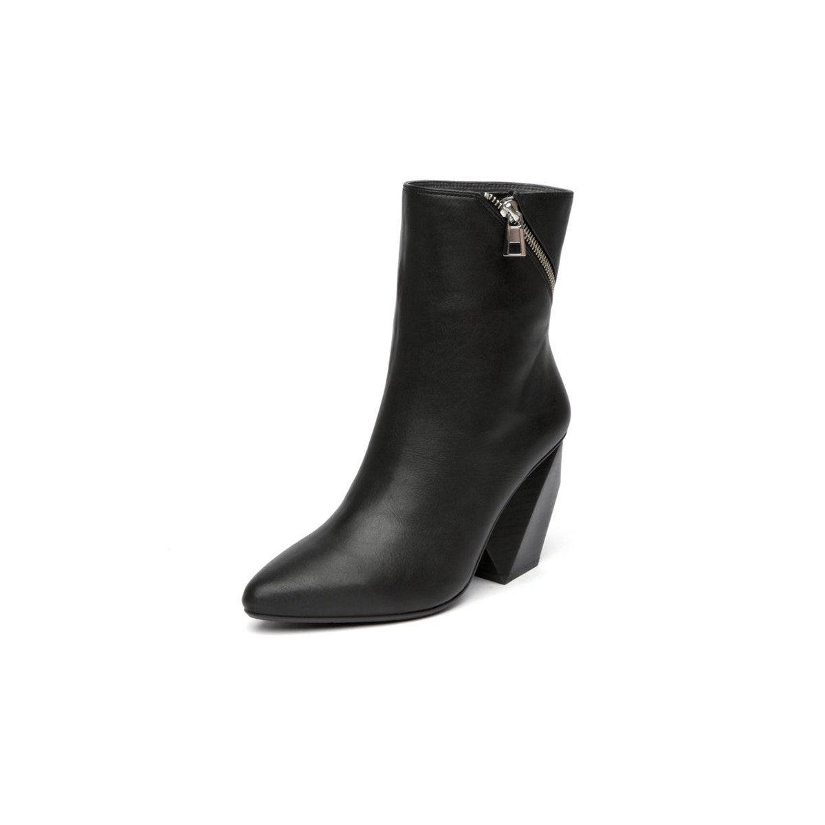 leather ankle boots with slanted zipper all black 2