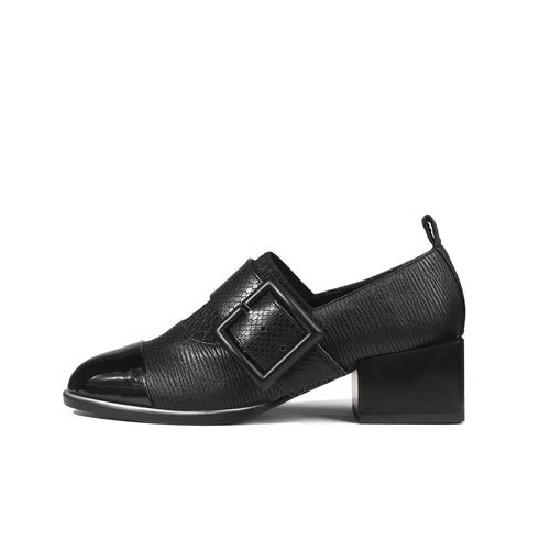 leather loafers mid length block heel pumps all black 1