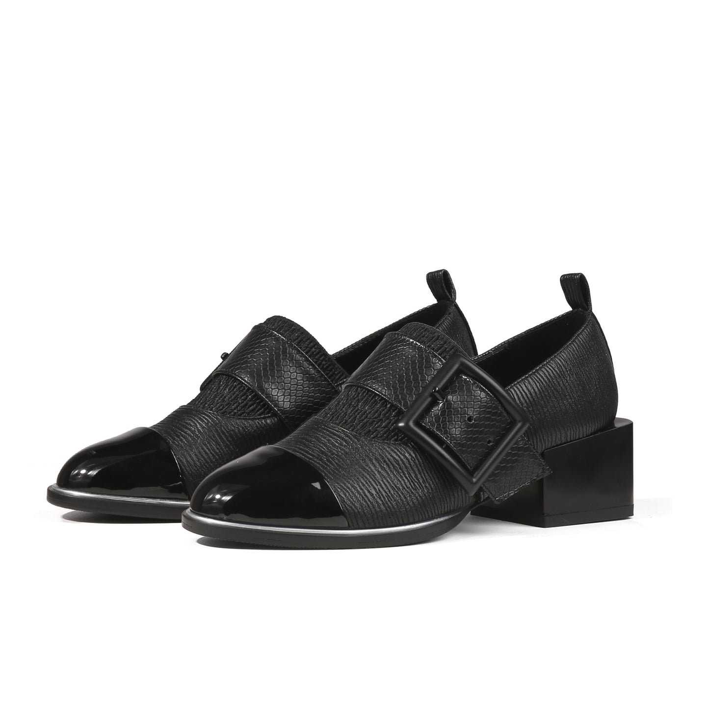 leather loafers mid length block heel pumps all black 3