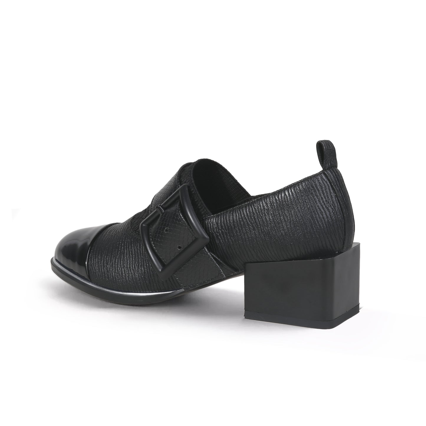 leather loafers mid length block heel pumps all black 4