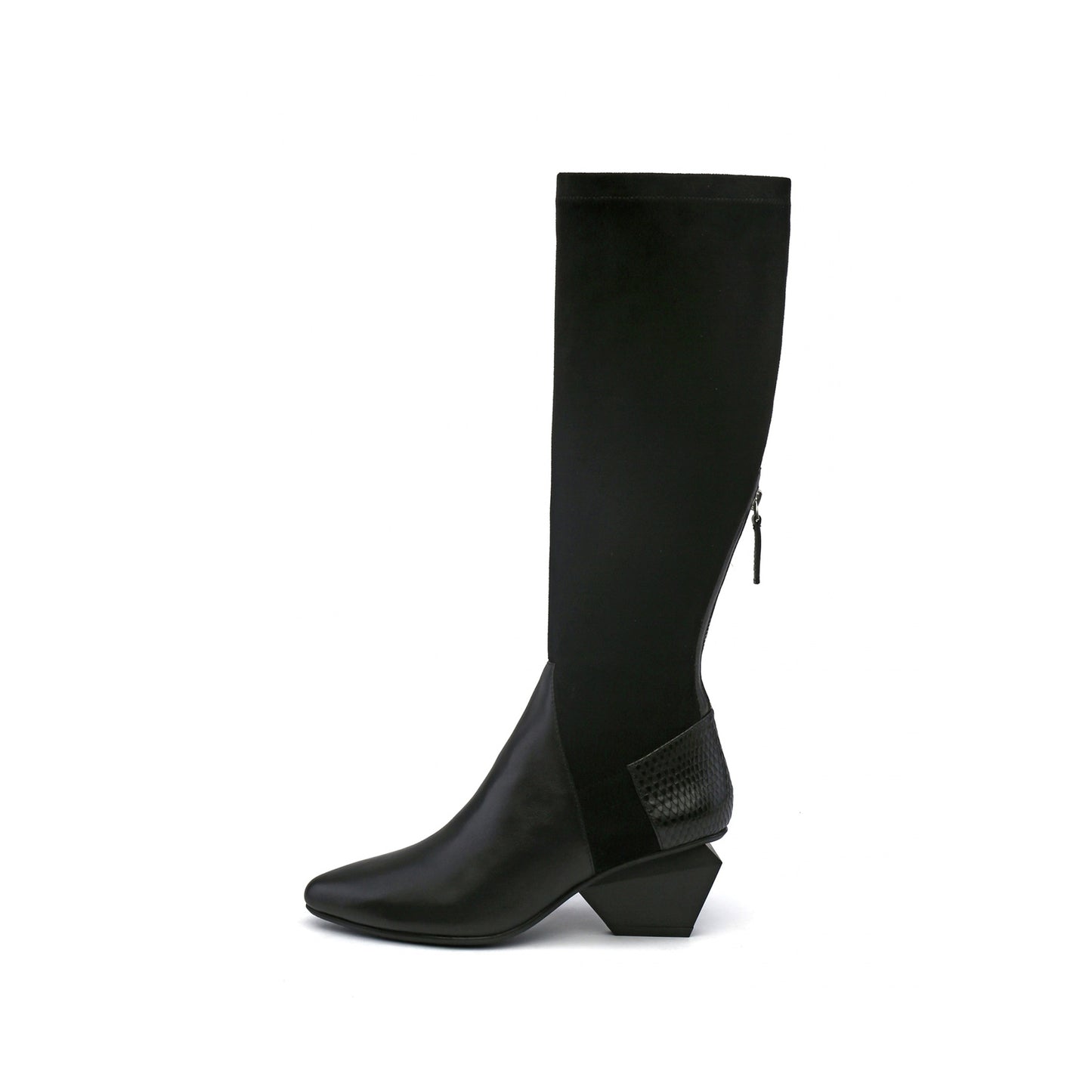 leather patchwork slim knee high boots all black 1