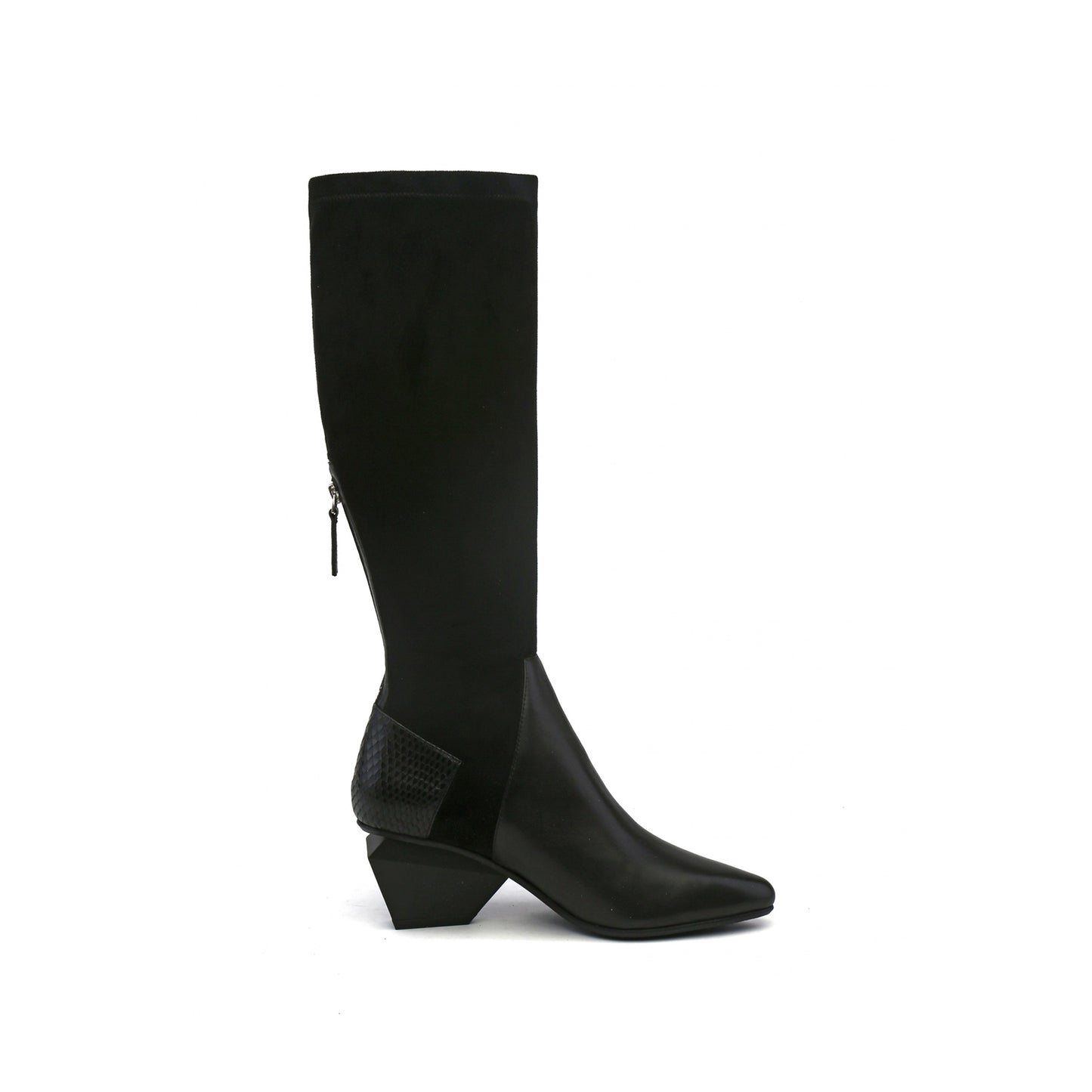 leather patchwork slim knee high boots all black 3