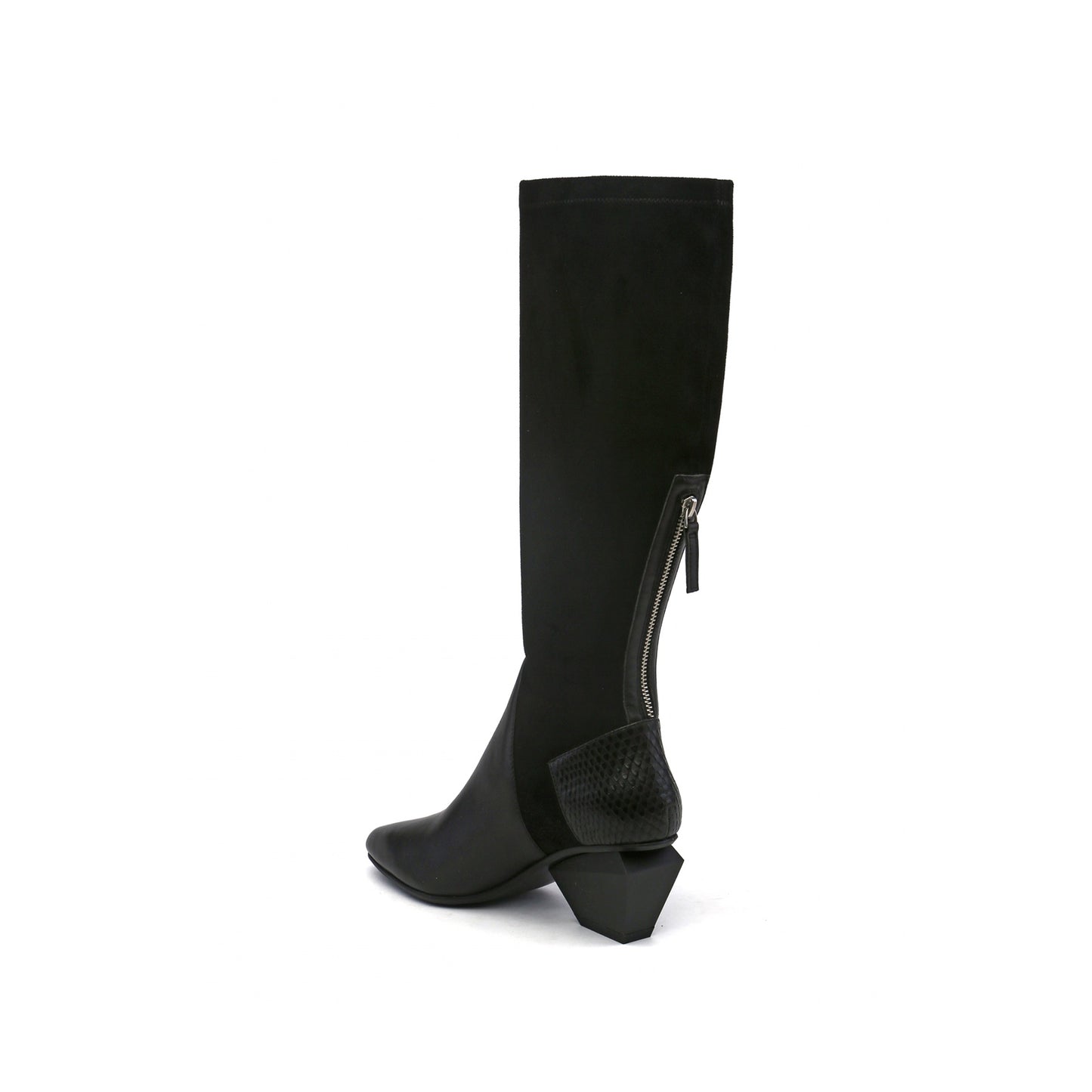 leather patchwork slim knee high boots all black 4