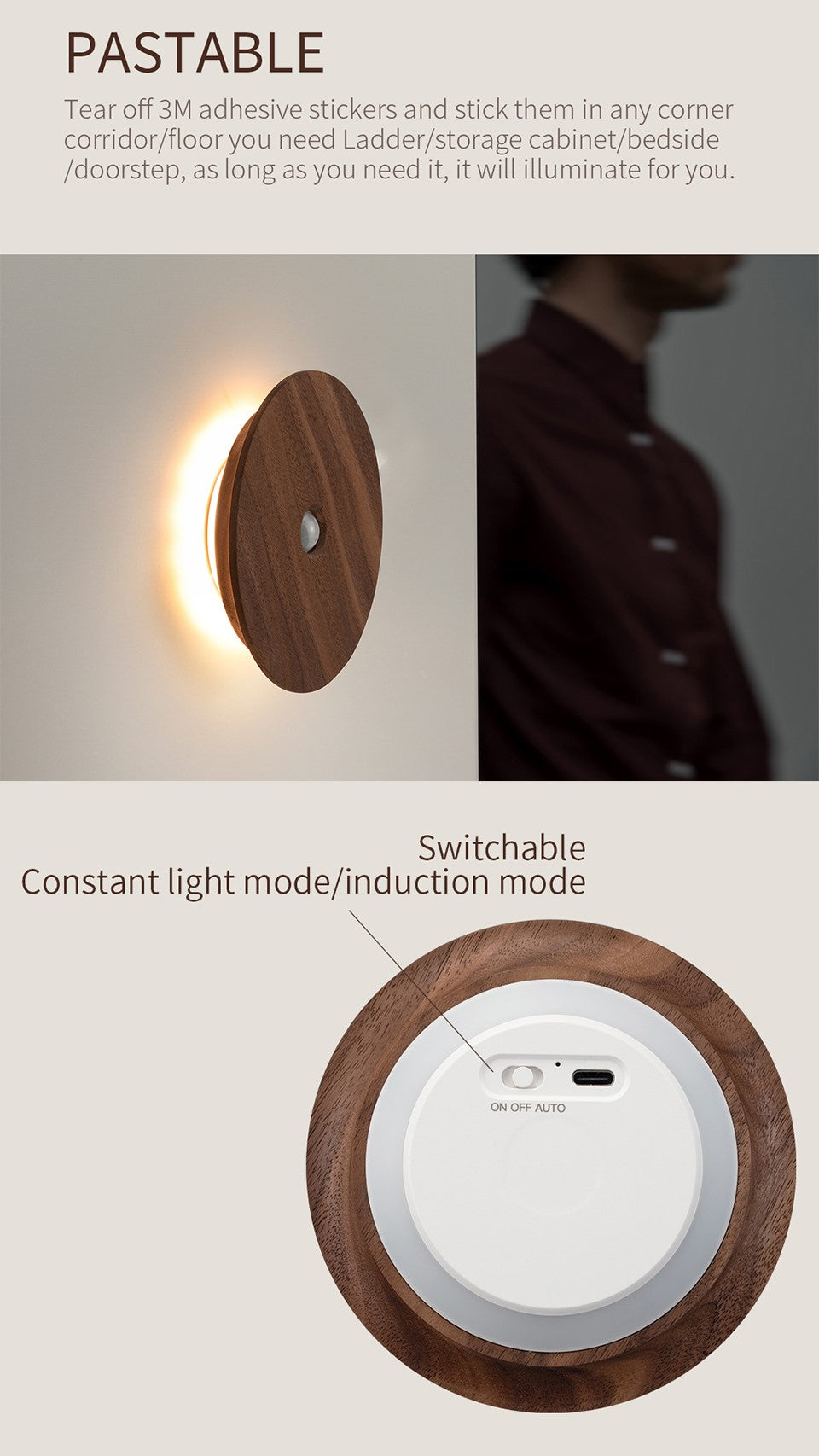 led wireless rechargeable motion sensor night light [natural walnut] 4