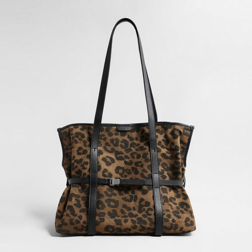 Leopard Print Canvas Tote Bag – Adjustable Buckle Harness Shoulder Bag
