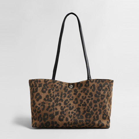 Leopard Print Canvas Tote Bag – Leather Strap Shoulder Bag with Snap Closure