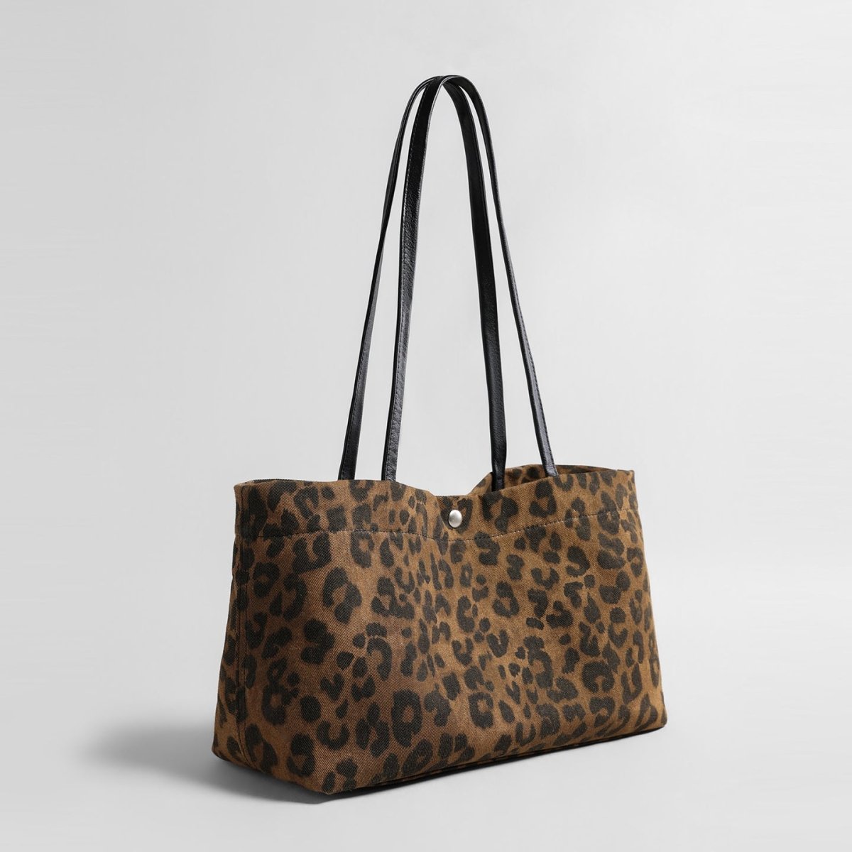 Leopard Print Canvas Tote Bag – Leather Strap Shoulder Bag with Snap Closure