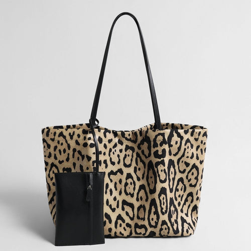 Leopard Print Canvas Tote Bag – Large Shoulder Bag with Hanging Pouch