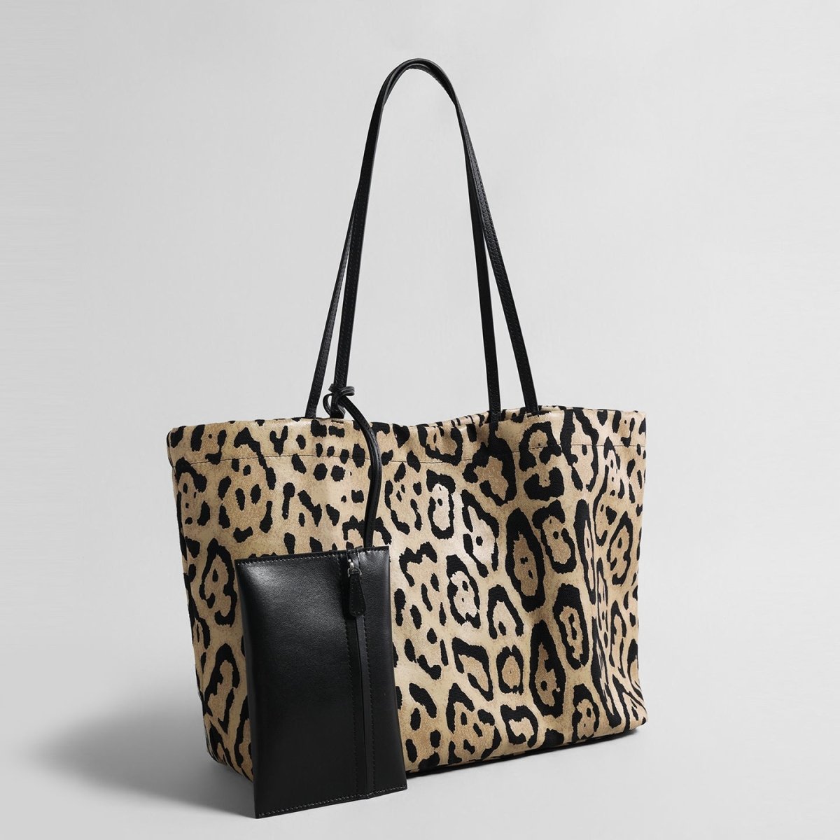 Leopard Print Canvas Tote Bag – Large Shoulder Bag with Hanging Pouch