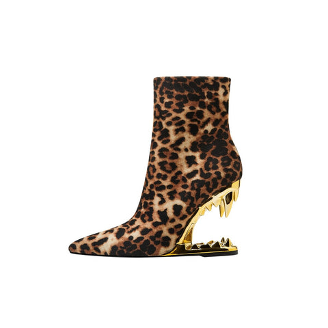 Leopard Print Sculptural Gold Fang Heel Ankle Boots