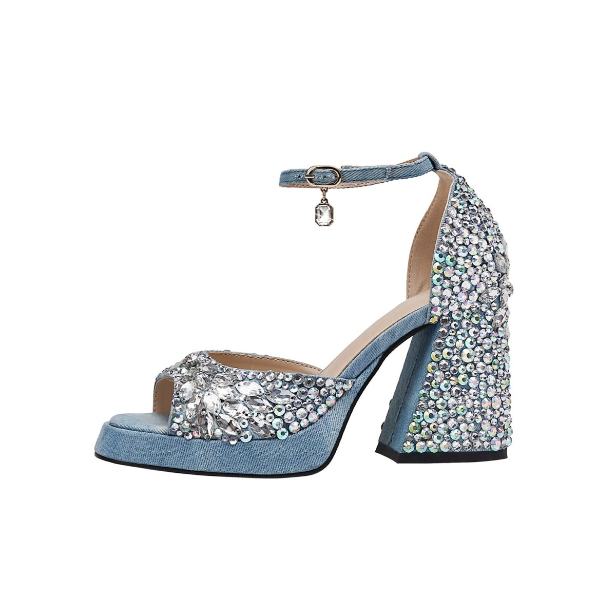 Light Blue Gem Encrusted Peep Toe Ankle Strap Sandals - 0cm