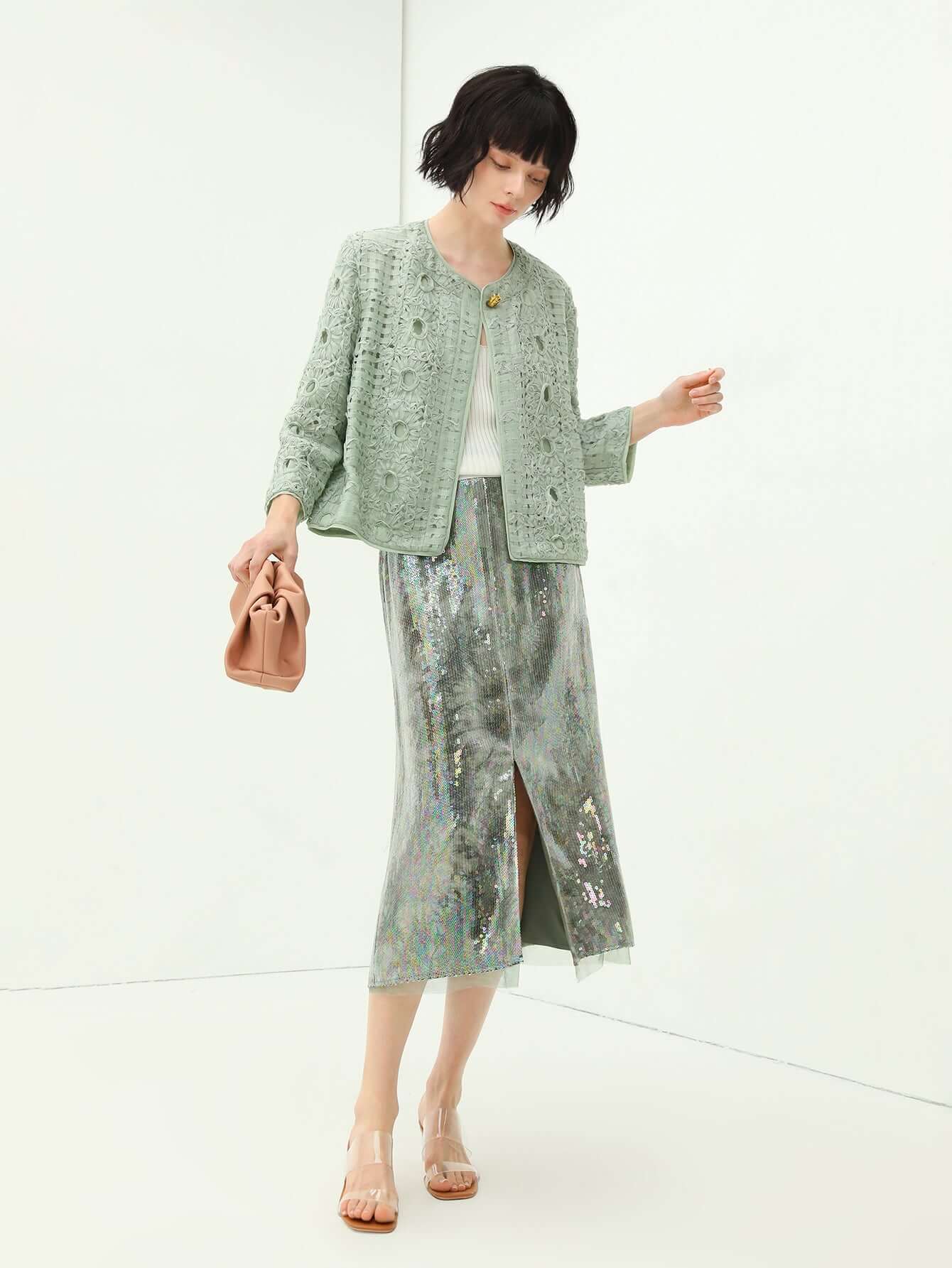 light mint green tie dye sequined midi skirt all green 1