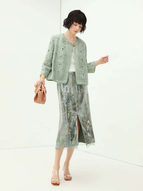 light mint green tie dye sequined midi skirt all green 1