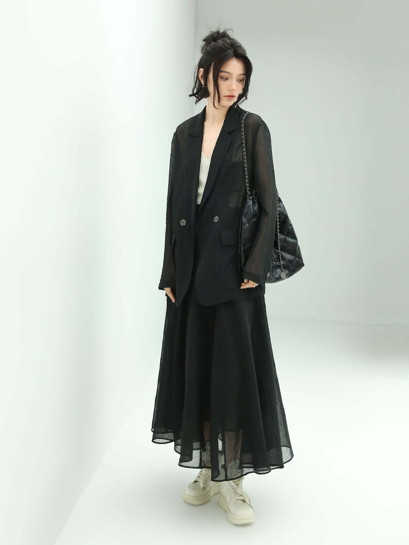 lightweight embroidered sheer blazer all black 2