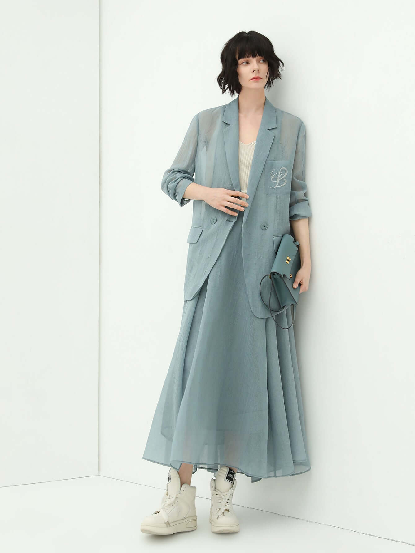 lightweight embroidered sheer blazer all blue 1