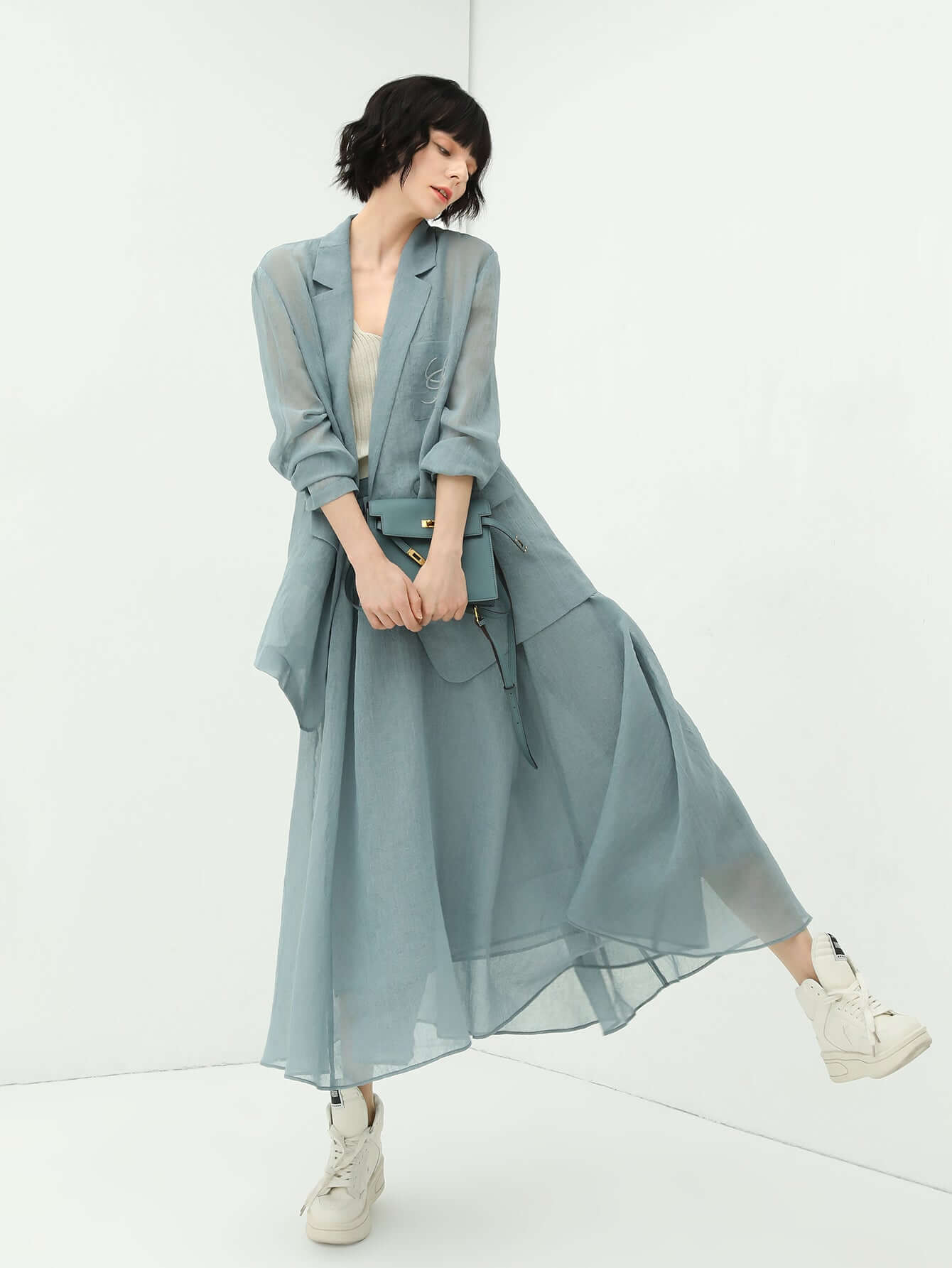 lightweight embroidered sheer blazer all blue 2