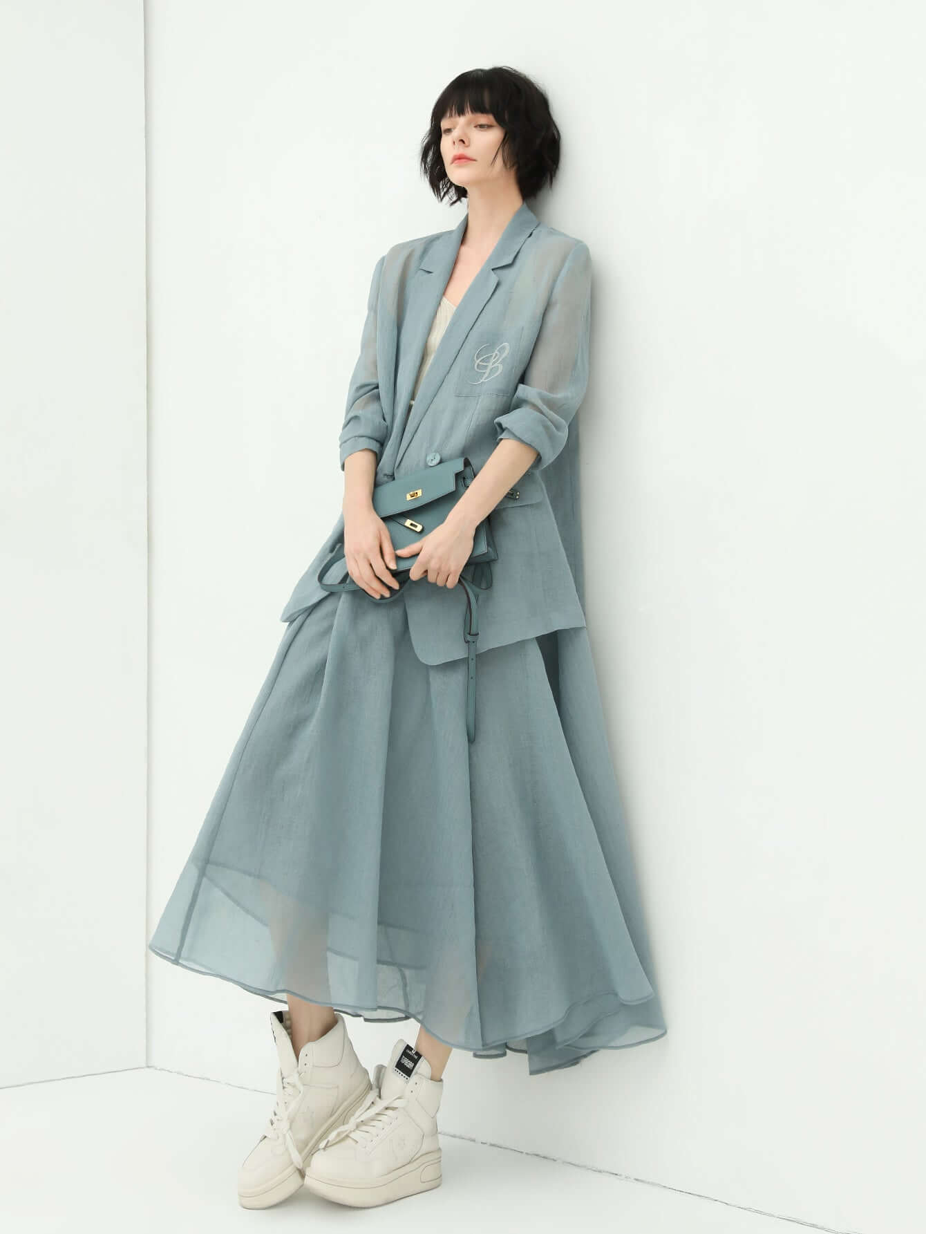 lightweight embroidered sheer blazer all blue 3