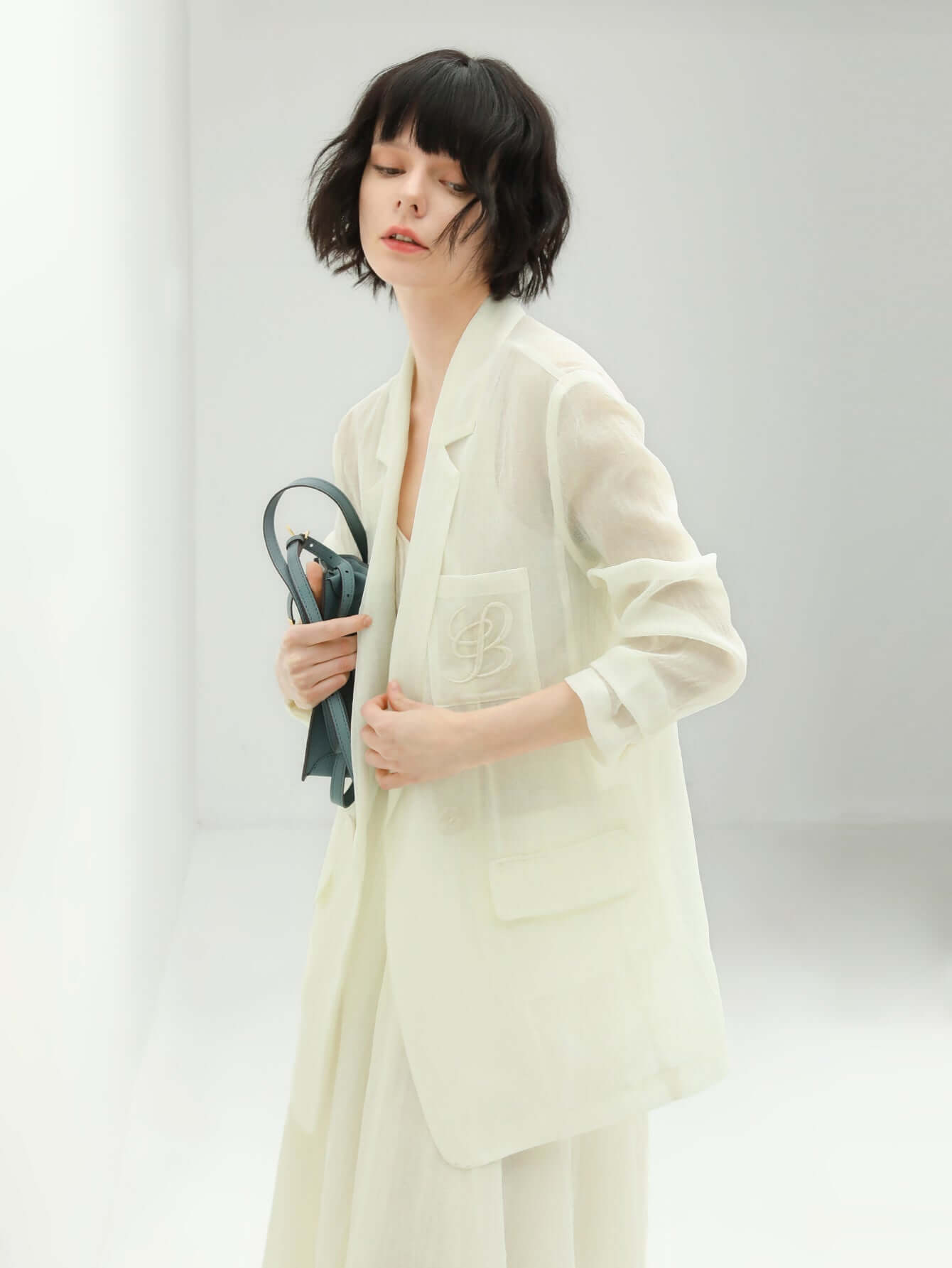 lightweight embroidered sheer blazer all white 1