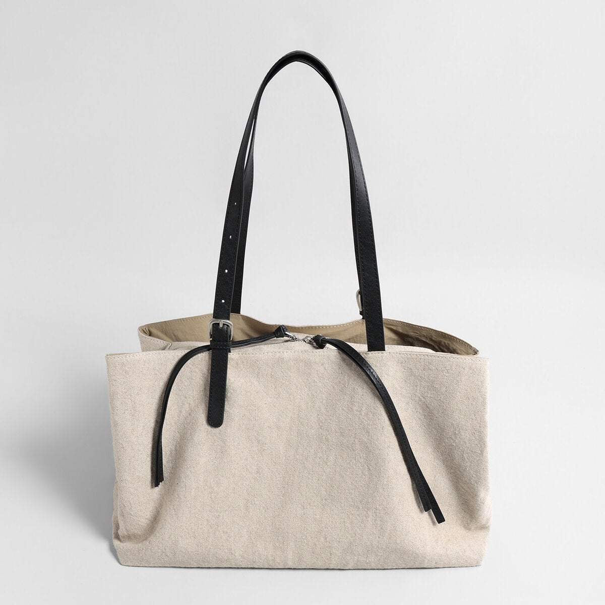 Linen Canvas Slouchy Tote Bag – Large-Capacity Three-Compartment Bag with Adjustable Leather Straps
