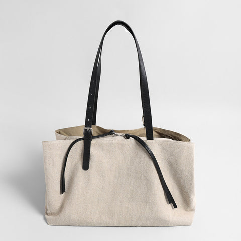 Linen Canvas Slouchy Tote Bag – Large-Capacity Three-Compartment Bag with Adjustable Leather Straps