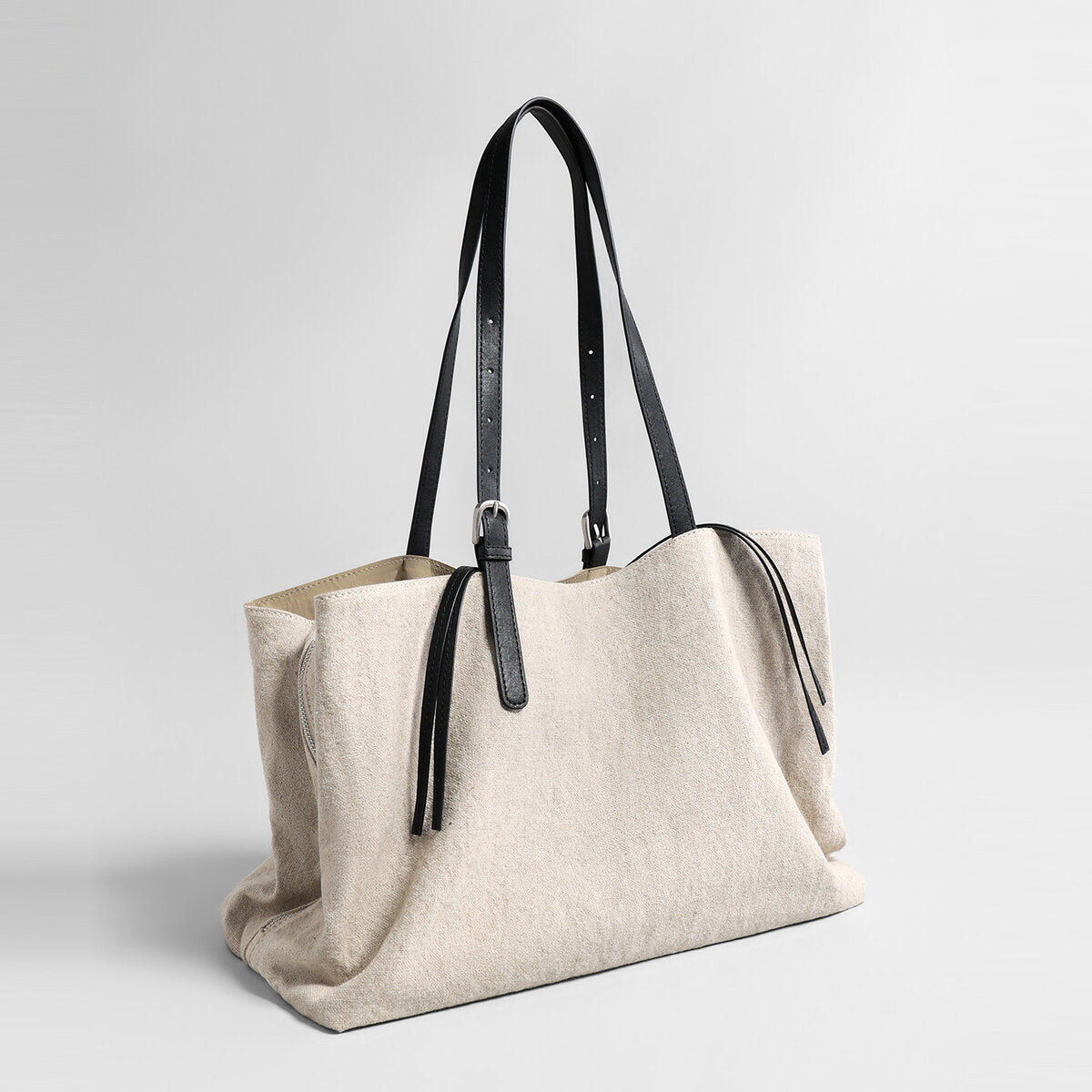 Linen Canvas Slouchy Tote Bag – Large-Capacity Three-Compartment Bag with Adjustable Leather Straps
