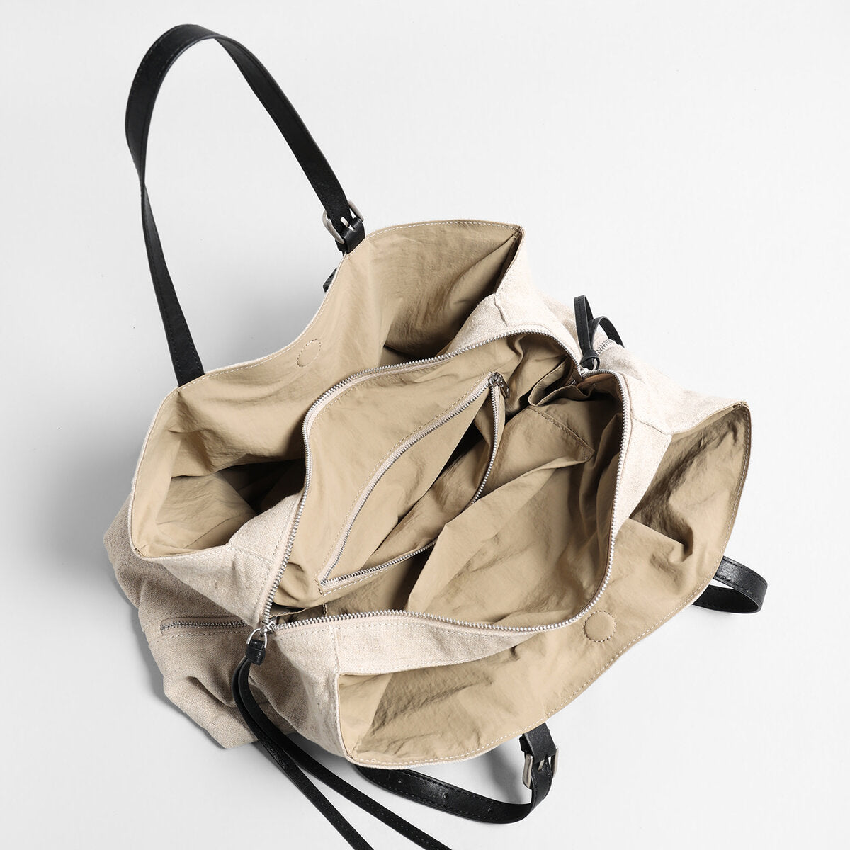 Linen Canvas Slouchy Tote Bag – Large-Capacity Three-Compartment Bag with Adjustable Leather Straps