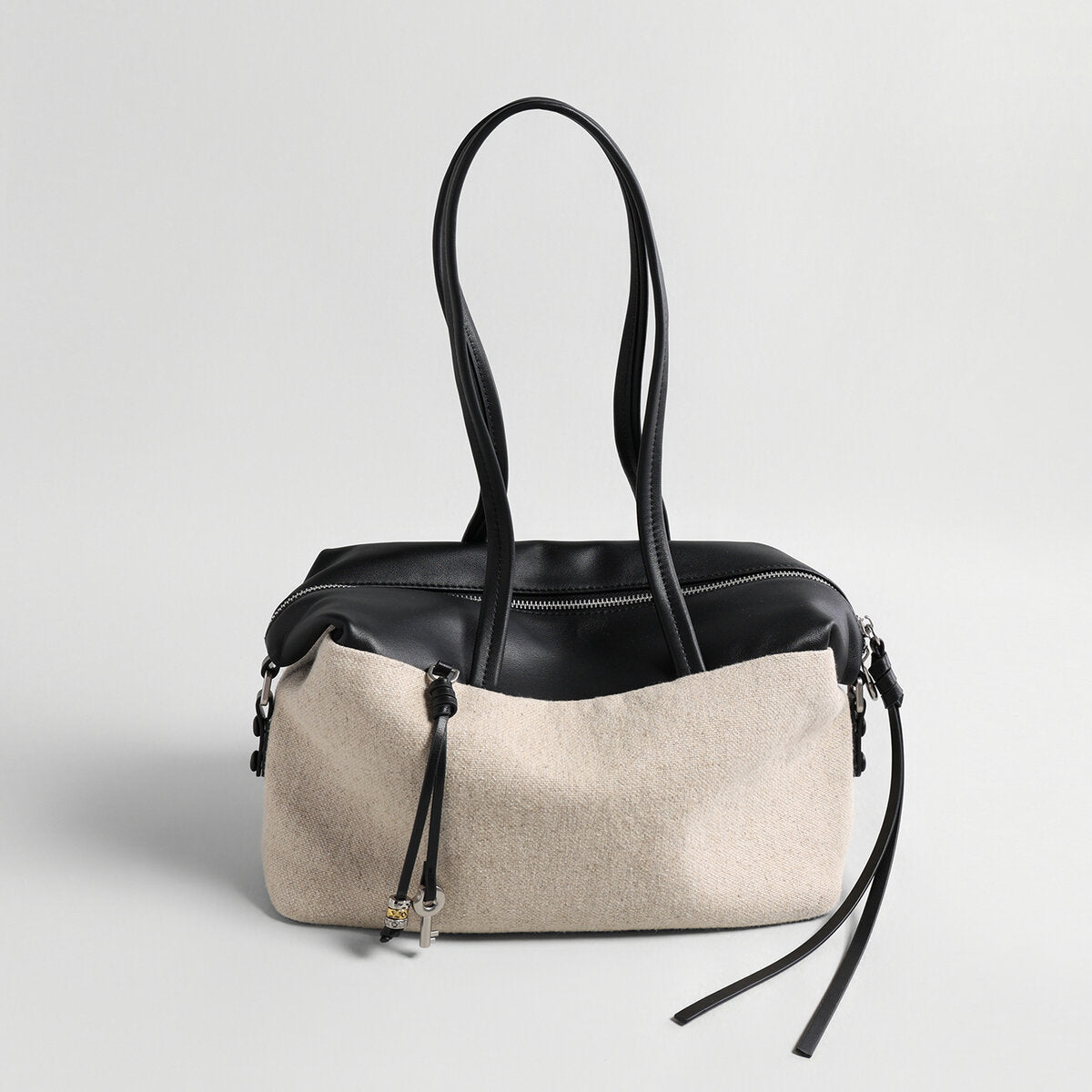 Linen & Leather Colour-Block Tote Bag – Leather Trim with Tassel Zip & Convertible Crossbody