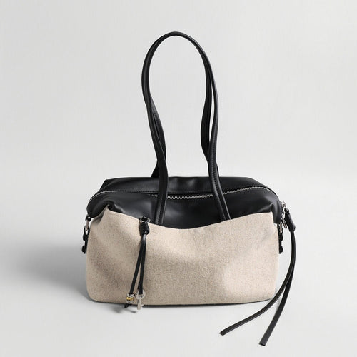 Linen & Leather Colour-Block Tote Bag – Leather Trim with Tassel Zip & Convertible Crossbody