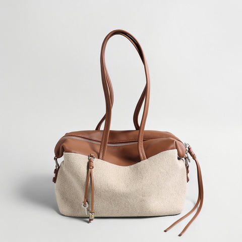 Linen & Leather Colour-Block Tote Bag – Leather Trim with Tassel Zip & Convertible Crossbody