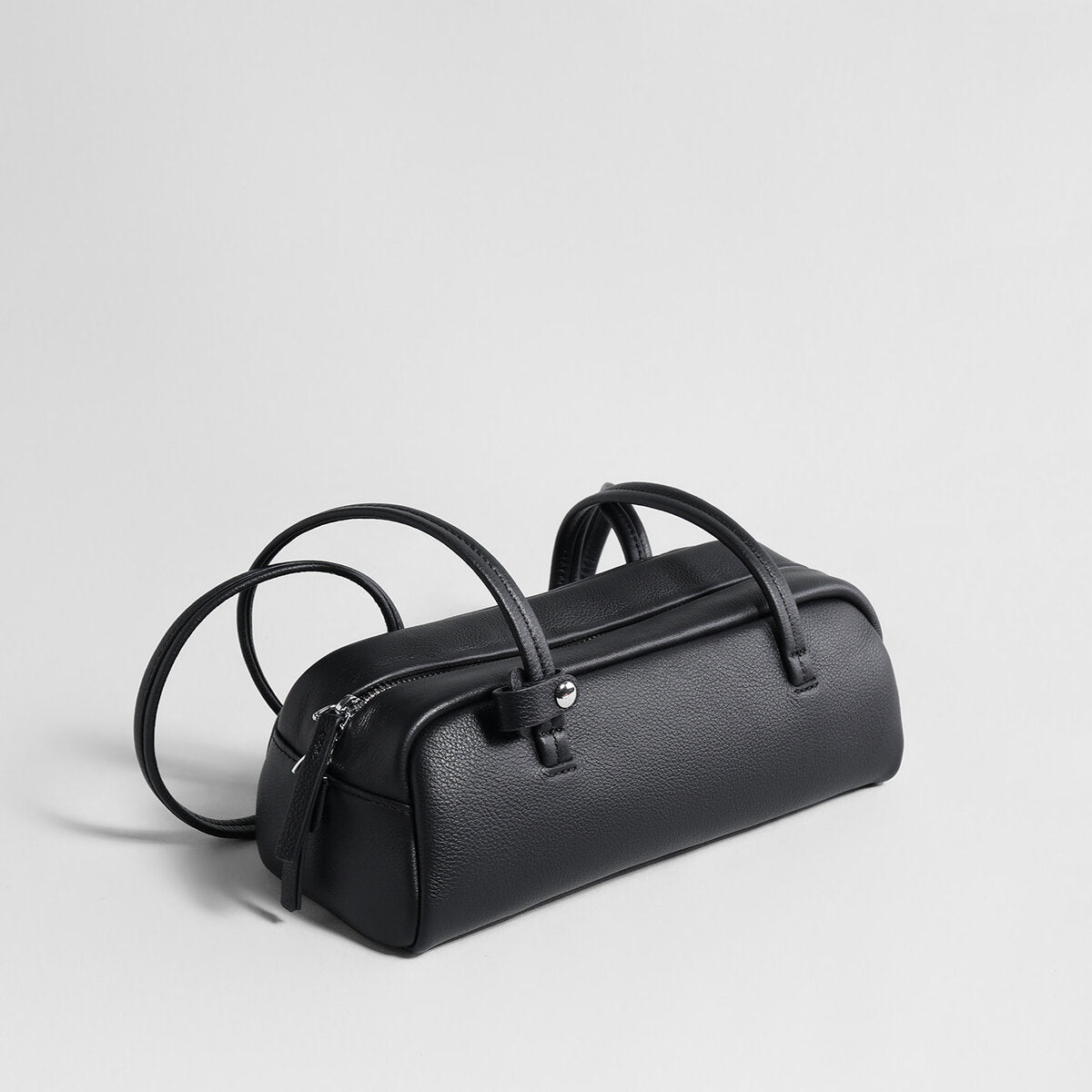 Litchi-Grain Leather Baguette Bag – Structured Cylinder Shoulder Bag with Dual Carry Straps