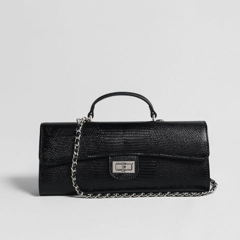 Lizard Embossed Leather Baguette Bag – Black Chain Shoulder Bag