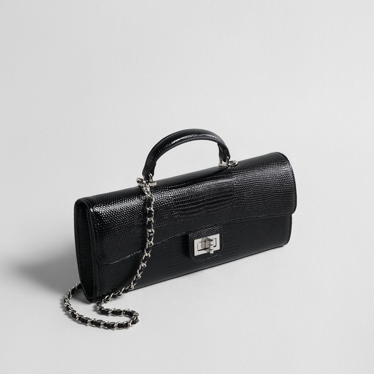 Lizard Embossed Leather Baguette Bag – Black Chain Shoulder Bag
