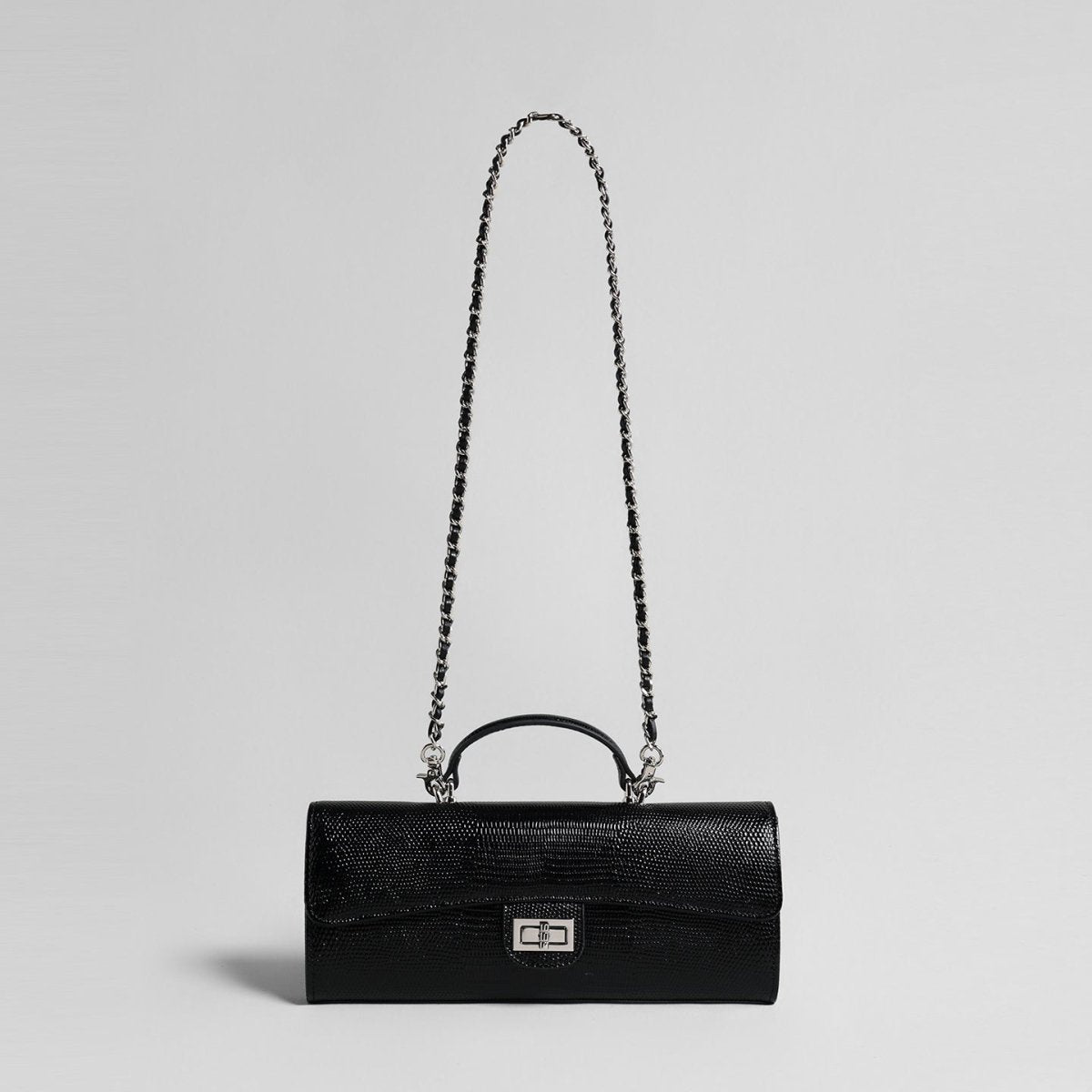 Lizard Embossed Leather Baguette Bag – Black Chain Shoulder Bag