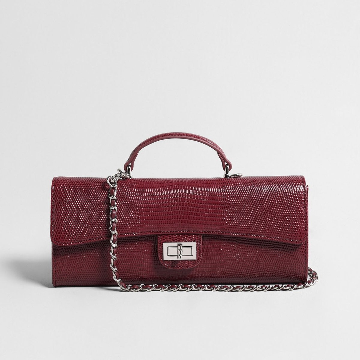 Lizard Embossed Leather Baguette Bag – Black Chain Shoulder Bag