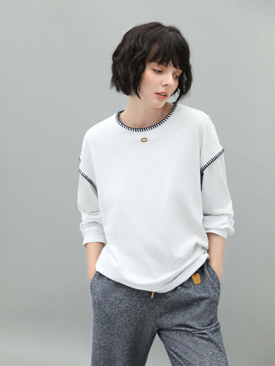 long sleeve tee with contrast stitching all white 1