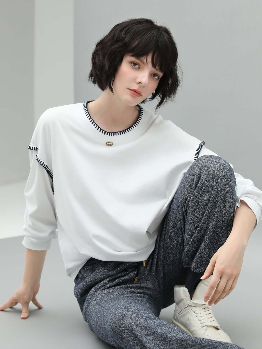 long sleeve tee with contrast stitching all white 2