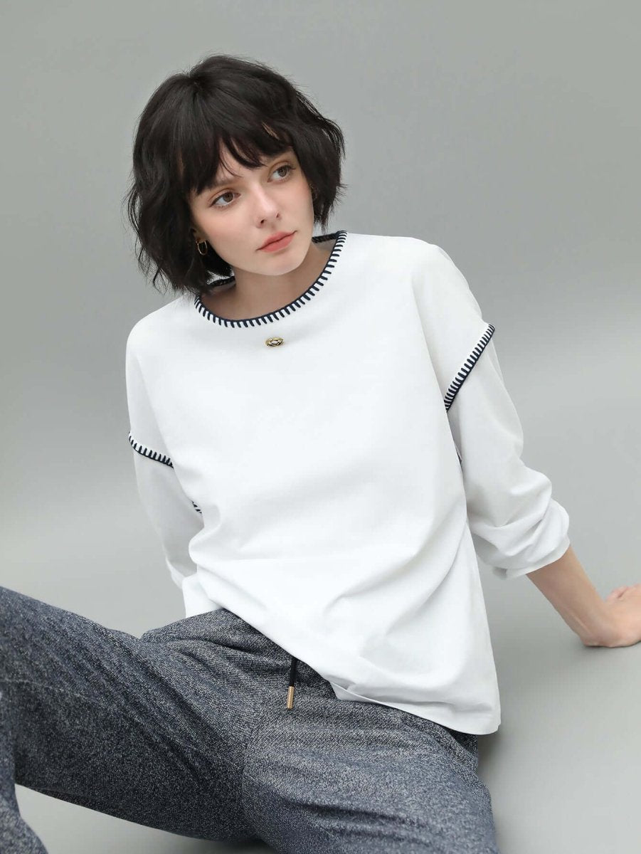 long sleeve tee with contrast stitching all white 3