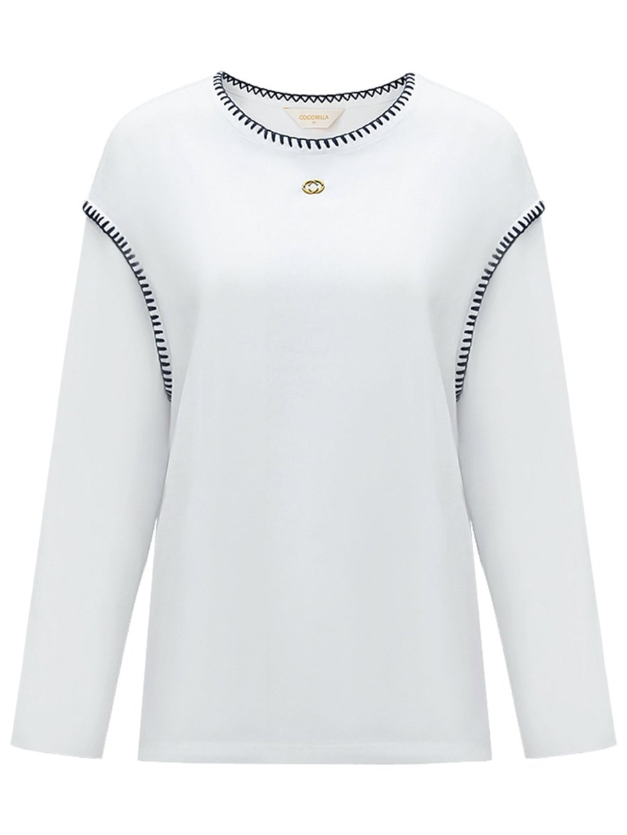 long sleeve tee with contrast stitching all white 4