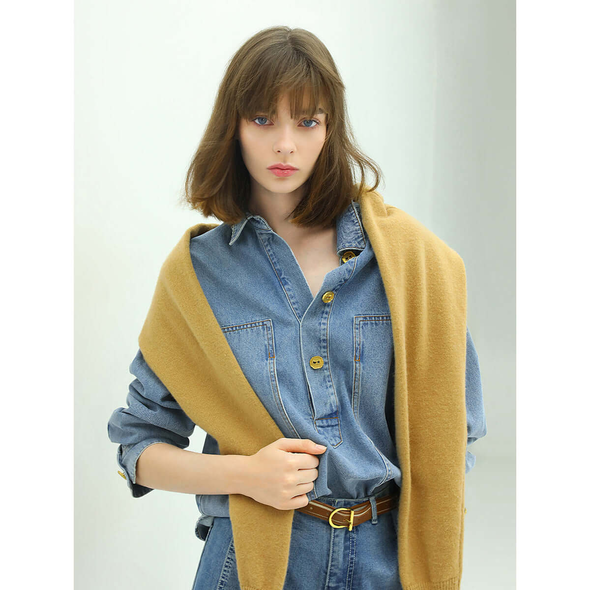 long sleeved blue denim shirt with contrasting mustard buttons all blue 1