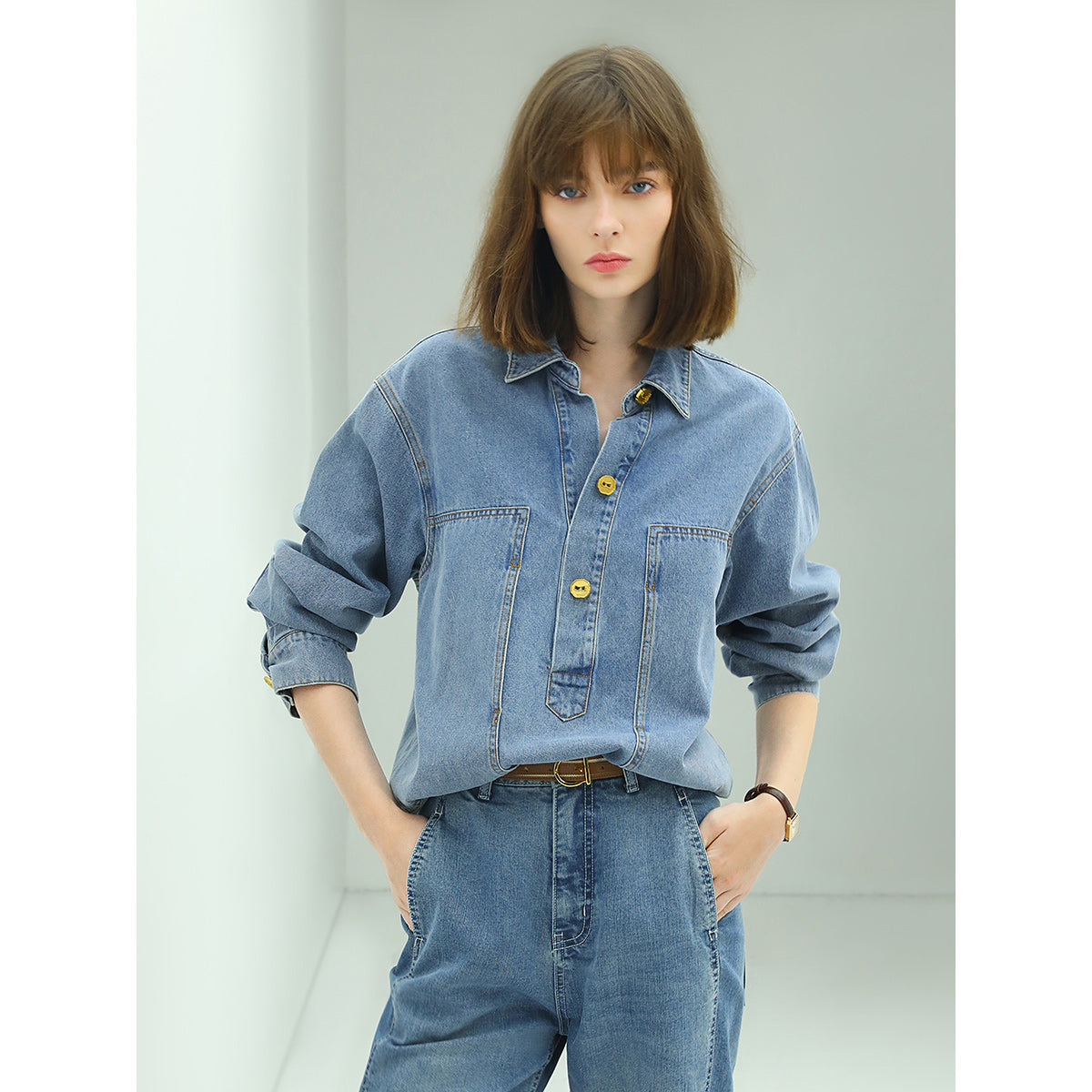 long sleeved blue denim shirt with contrasting mustard buttons all blue 2