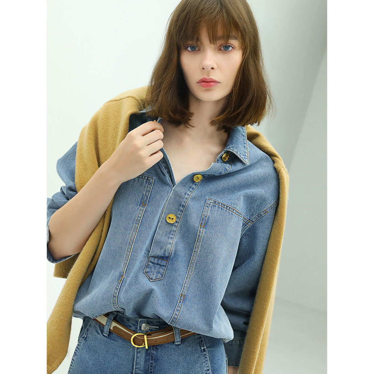 long sleeved blue denim shirt with contrasting mustard buttons all blue 3