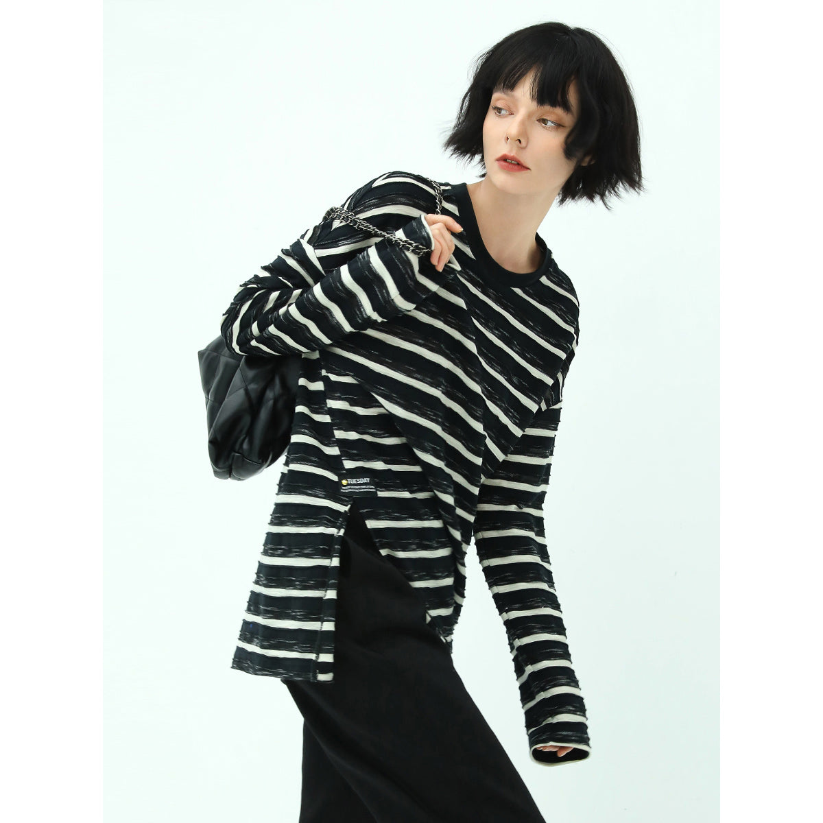loose long sleeve striped tee with side slit all stripe 1