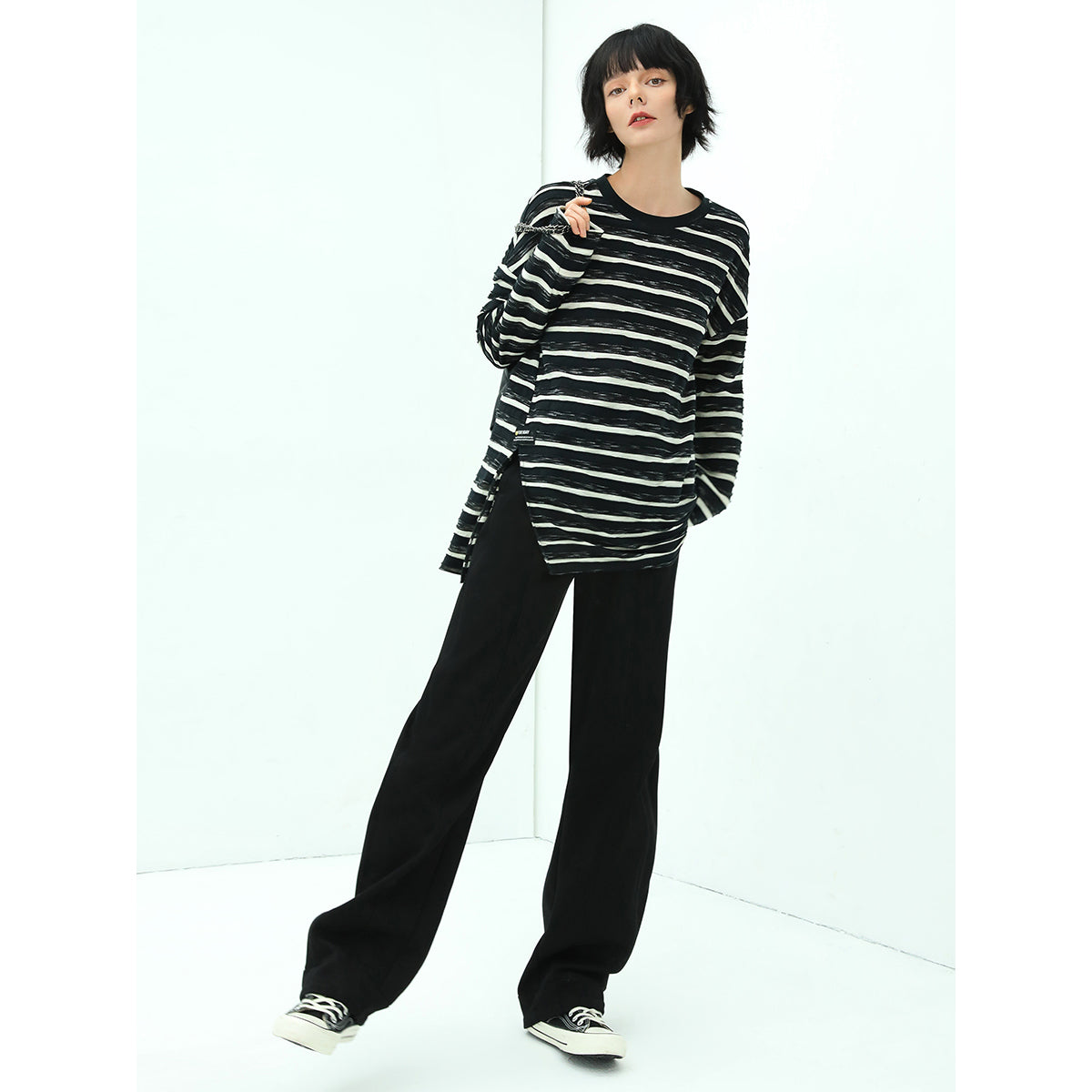 loose long sleeve striped tee with side slit all stripe 3