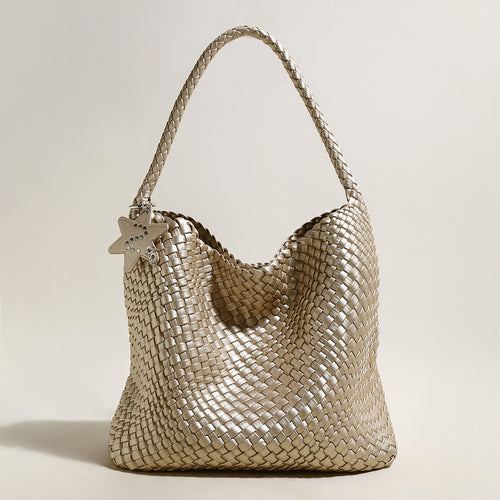 Lumière Woven Metallic Leather Hobo Tote – Handcrafted Champagne Shoulder Bag with Star Charm