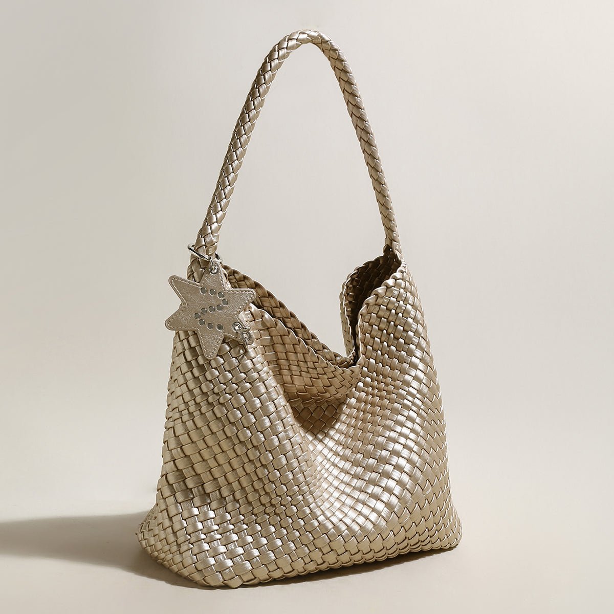 Lumière Woven Metallic Leather Hobo Tote – Handcrafted Champagne Shoulder Bag with Star Charm