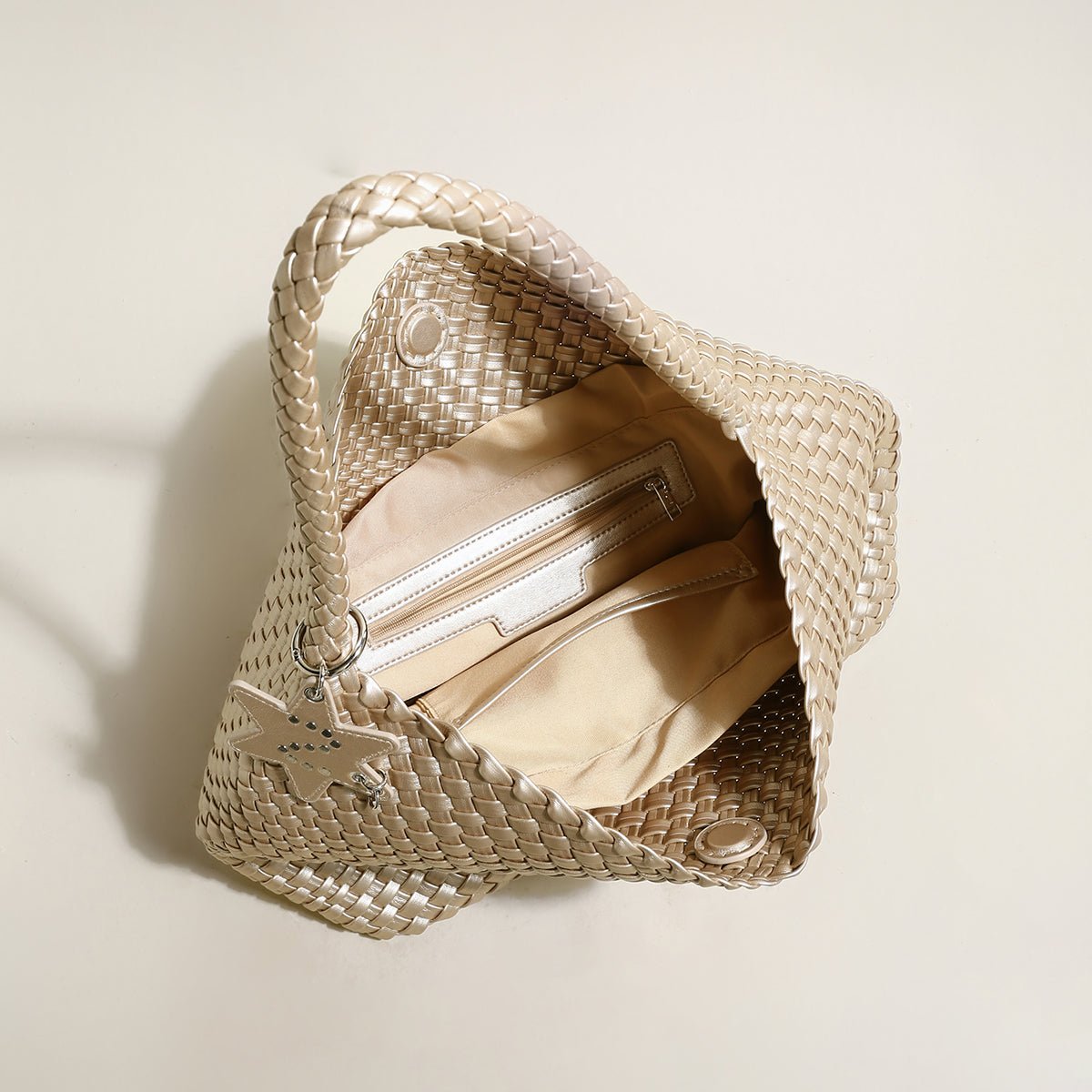 Lumière Woven Metallic Leather Hobo Tote – Handcrafted Champagne Shoulder Bag with Star Charm