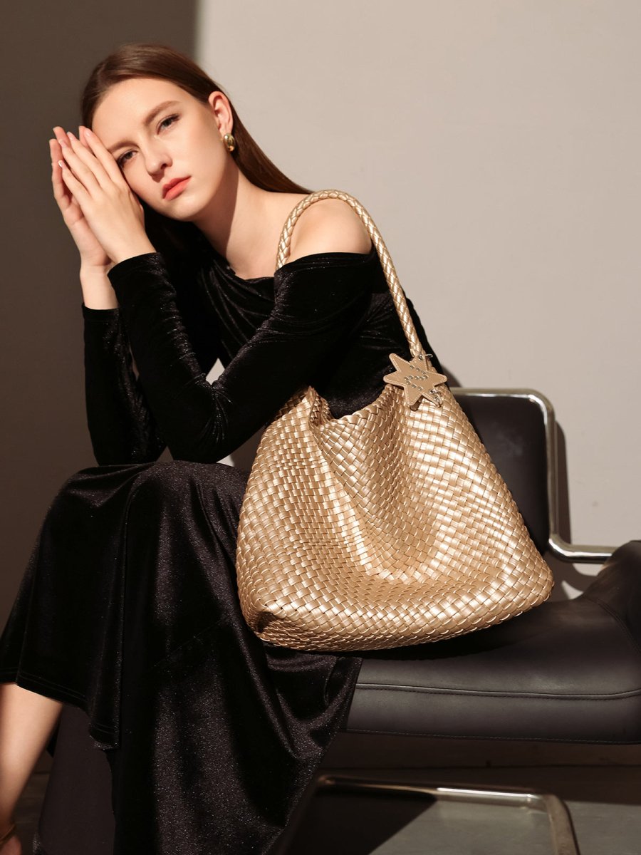 Lumière Woven Metallic Leather Hobo Tote – Handcrafted Champagne Shoulder Bag with Star Charm
